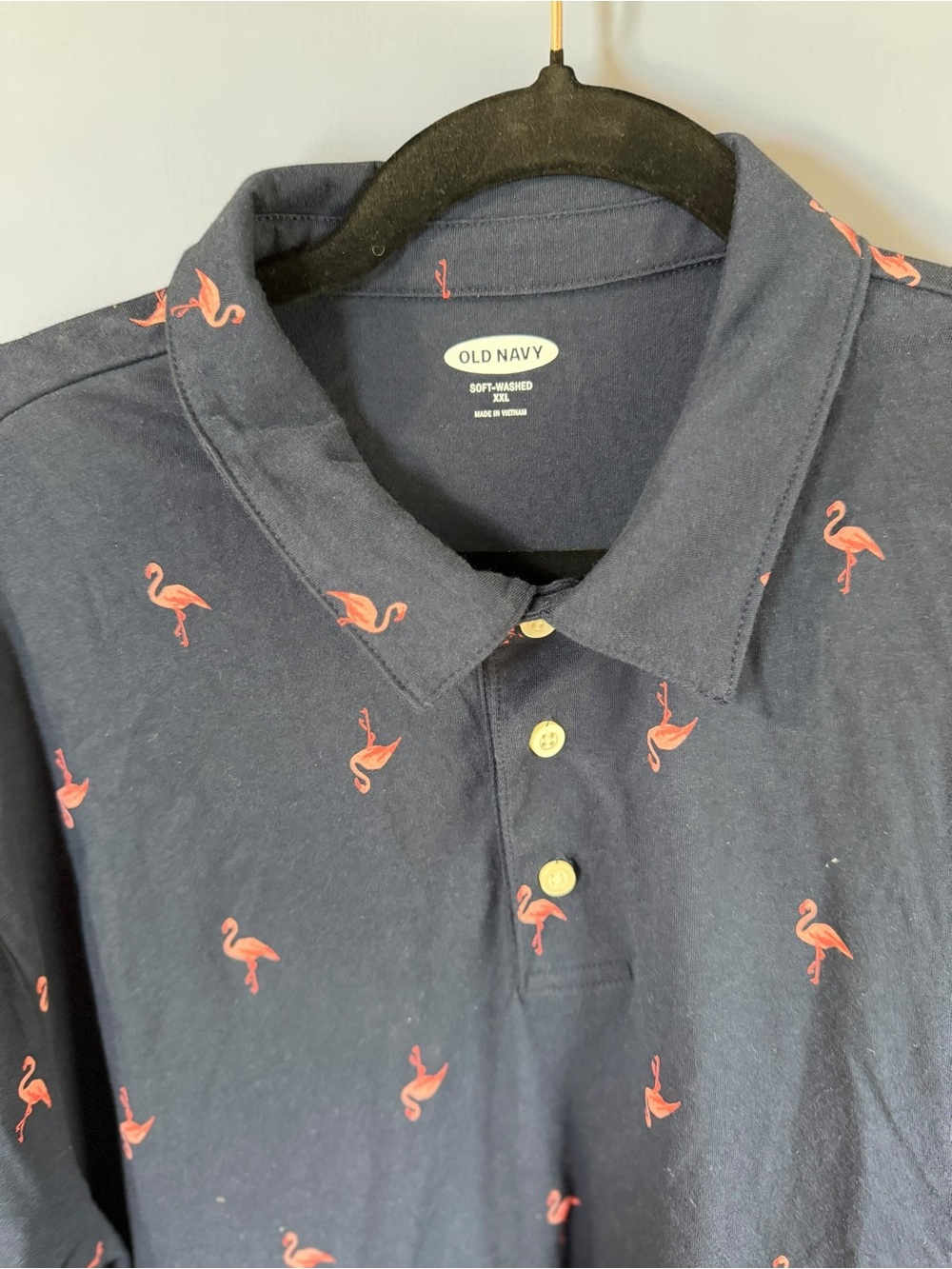 Old Navy Flamingo Print Polo Shirt XXL Navy Pink Tropical Coastal Preppy Golf - Picture 2 of 3